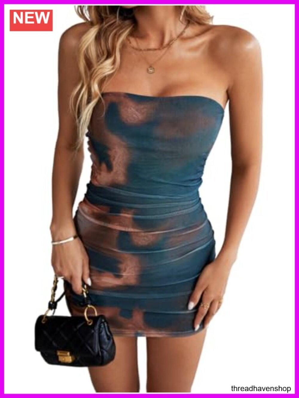 Strapless Ruched Mini Dress Bodycon Party Club Tube Dress Mesh Lined Print